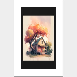 Whimsical Cottage with Peach Tree Watercolor Print Posters and Art